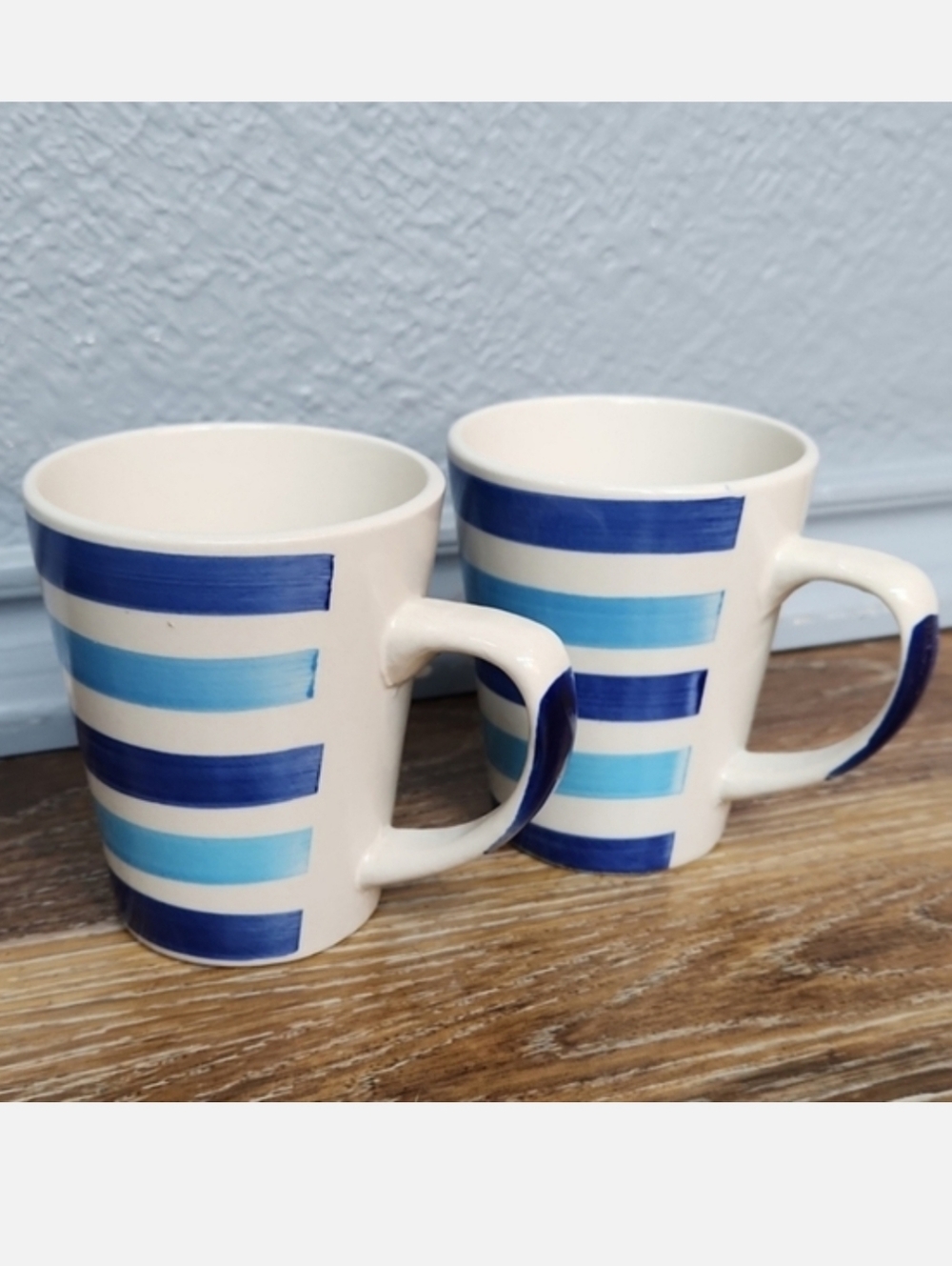 2 California Pantry Blue Cream White Stripe Mugs